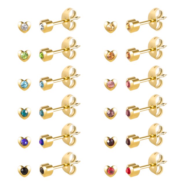 12 Pairs Ear Piercing Stud Earrings,Surgical Stainless Steel Multicolor Cubic Zirconia Birthstone Stud Earrings for Piercing Guns 2mm 3mm 4mm