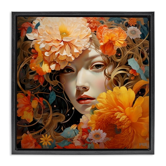 Stupell Industries Art Deco Woman & Scattered Blossoms Black Floating Frame Canvas Art, 18 x 18, by RB