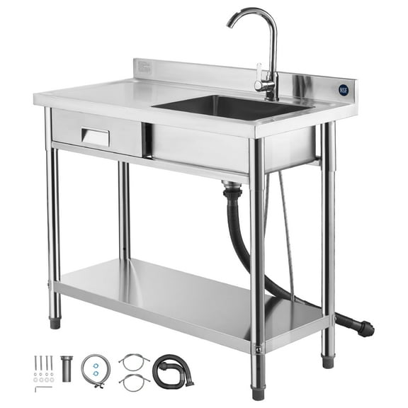 KFFKFF Stainless Steel Utility Sink, Free-Standing Single Bowl Sink with Drawer, Faucet, and Hot & Cold Water Pipes, Ideal for Garage, Restaurant, or Laundry Use, 39.4 x 19.7 x 37 in