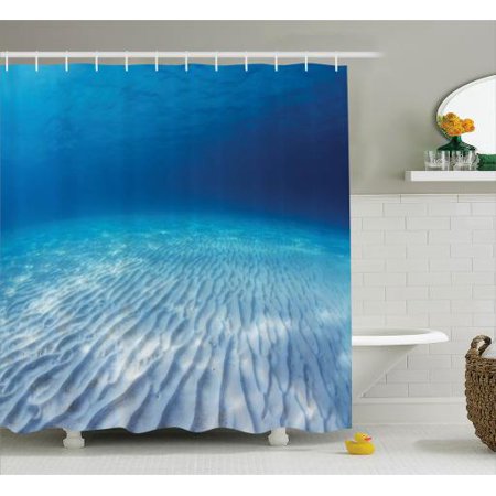 Ids Infinite Divider - Shower Curtain Set, Underwater Shot of An Infinite Sandy Sea Bottom with Clear Water and Waves on Its Surface, Bathroom Decor, Navy Beige, by Ambesonne