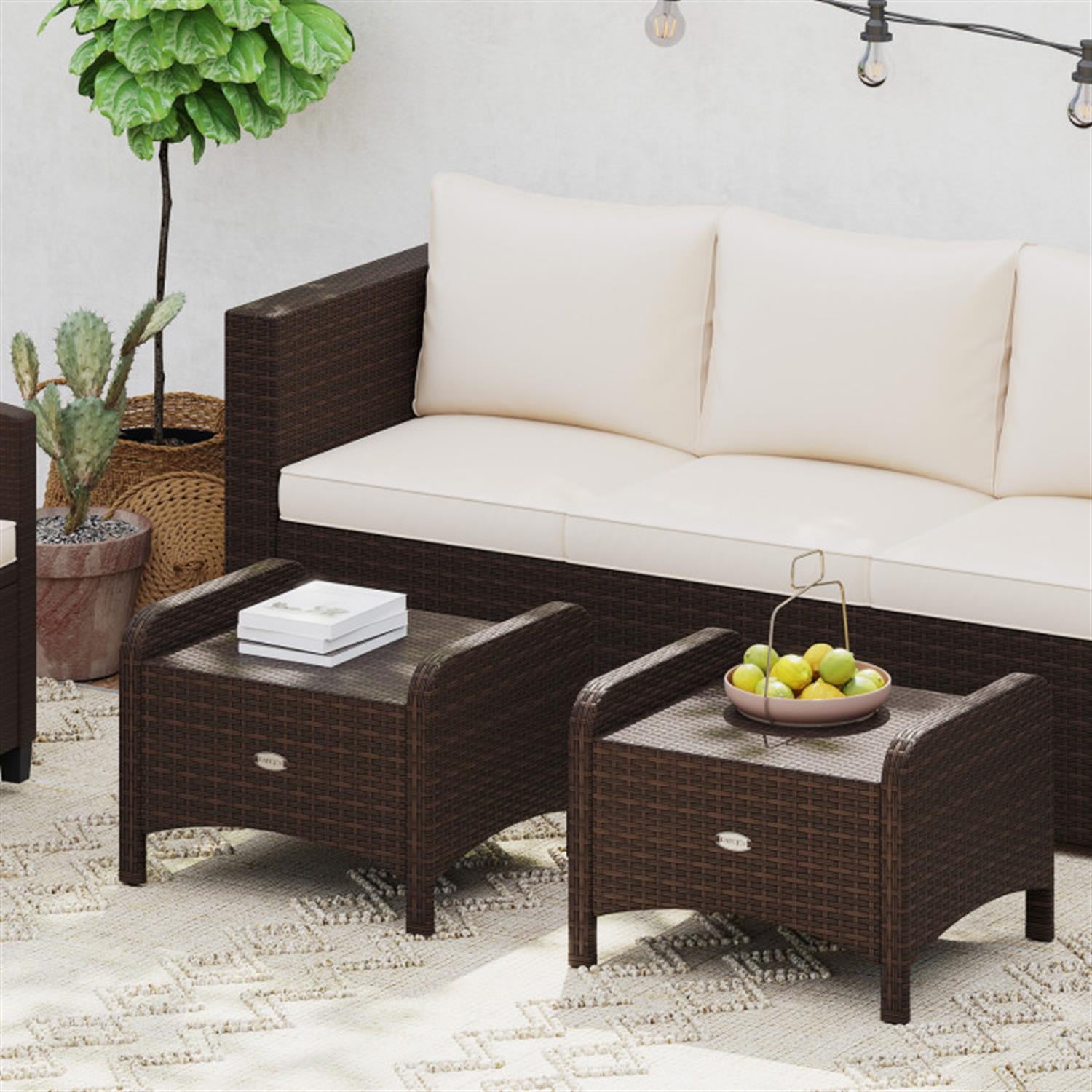 Demi Bonn 2 Pieces Outdoor Patio PE Wicker Ottomans with Removable Cushions for Yard, Pool or Backyard, Beige