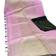 India Meets India Christmas Ethnic Indian Women's Bhagalpuri Bihar Handloom Cotton Khadi Saree with Contrast Blouse (Baby Pink & Black Blouse)