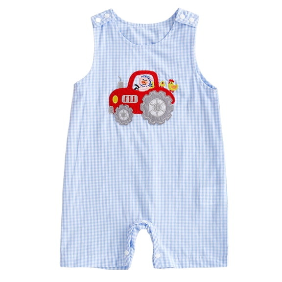 Zanarzt Toddler Romper Newborn Baby Boy Outfit Embroidery Sleeveless Smocked Bubble Romper Plaid Bodysuit Jumpsuit Blue,3-6 Months