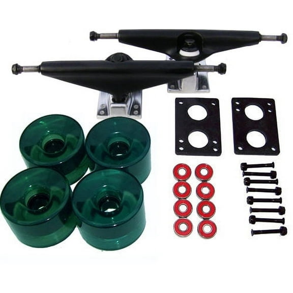 LONGBOARD TRUCKS WHEELS BEARINGS 7.0 Black, 76mm Trans Green