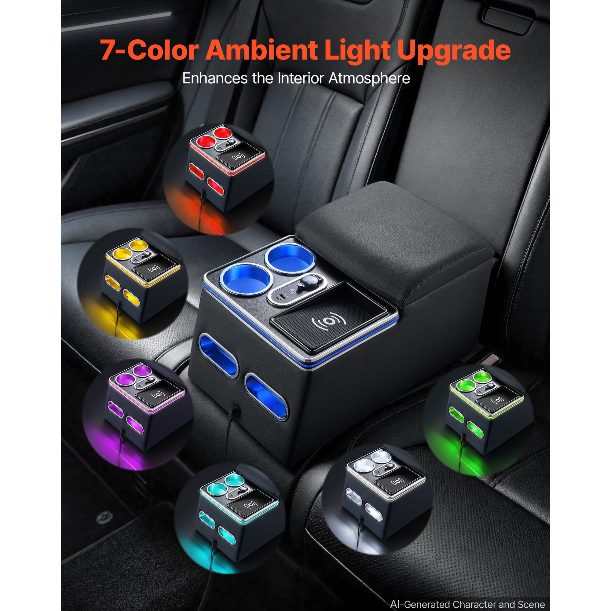 KFFKFF Universal Rear Bench Seat Center Console with Multi-Color Ambient Lighting, Wireless/USB/Cigarette Lighter Charging, Back Seat Organizer with Cup and Phone Holders for MPV, Sedan, SUV
