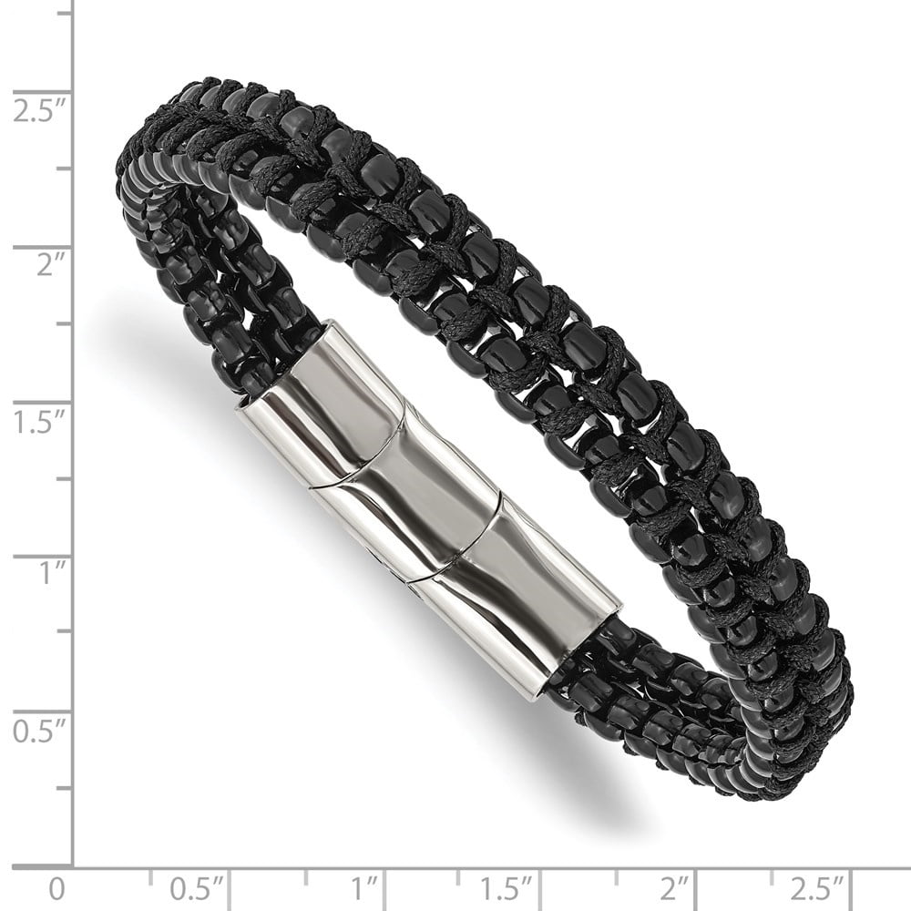 Diamond2Deal Stainless Steel Black IP-Plated with Black Cotton Bracelet for Men with .5 In Ext 8.5"