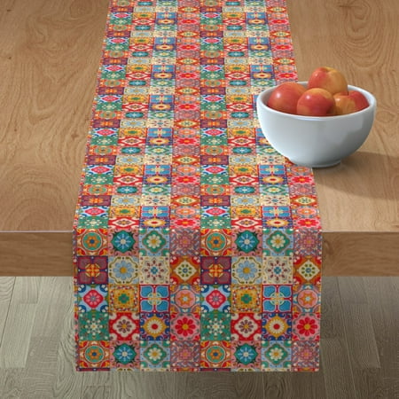 

Cotton Sateen Table Runner 72 - Traditional Spanish Tiles Folk Vintage Antique Art Geometric Floral Squares Boho Print Custom Table Linens by Spoonflower