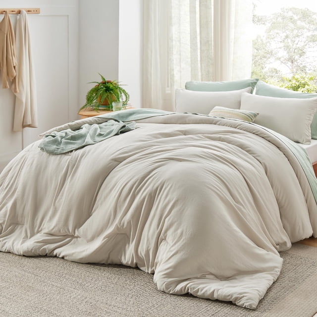 Juego de edredón Bedsure Super King, color beige, suave, prelavado, 3 unidades