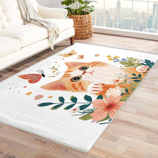 Cat Rug for Girls Bedroom - 5x7 Rug - Cat Rug - Cute Kitten Floral Area Rug - Kids Girls Butterfly Flower Rugs - Kawaii Animal Carpet
