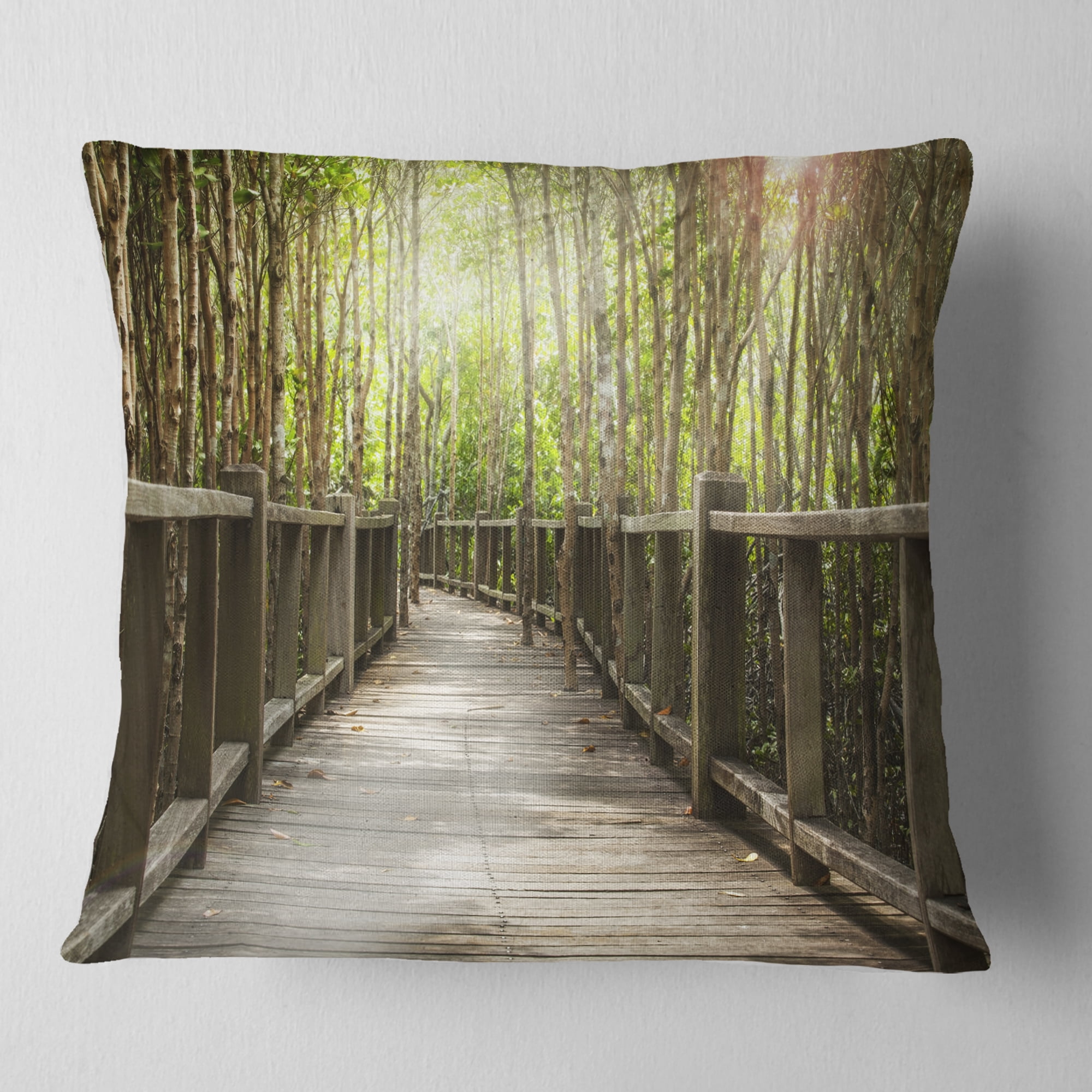 Designart Wooden Bridge in Forest - Landscape Photography Throw Pillow - 16x16