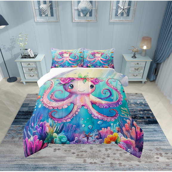 Erosebridal Teen Flower Octopus Bedding Twin Comforter Set,Cartoon Sealife Down Comforter,Marine Room Decorative,Lightweight,2-Piece