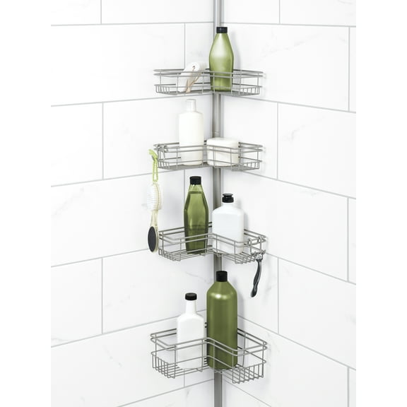 Satin Nickel Shower Caddy with 4 Shelves, Zenna Home Tension Pole