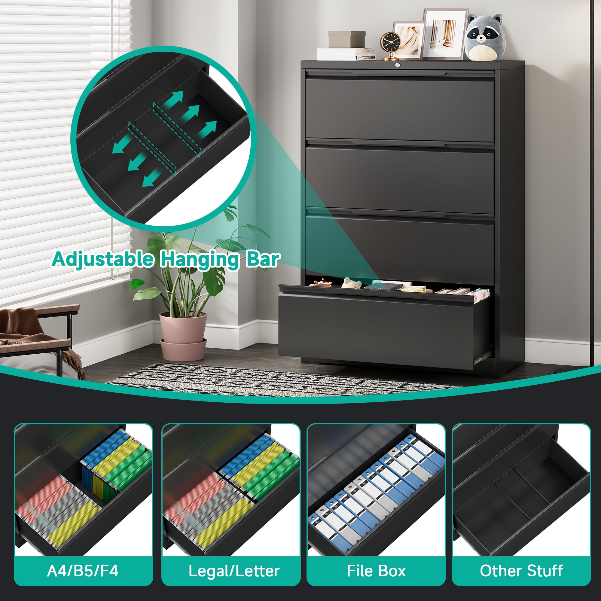 4 Drawer Lateral File Cabinet, Metal Lateral File Cabinet with Lock, Office Lateral Filing Storage Cabinet for Hanging Files Letter/Legal/F4/A4 Size, Easy Assemble Black