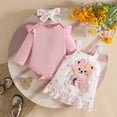 thumbnail image 4 of bbymog Baby Girl 3-Piece Rompers Outfits Bowknot Long Sleeve Baby Girl Romper and Strap Dress with Headband Fall Cute Baby Girl Clothes Pink B 3-6 Month, 4 of 9