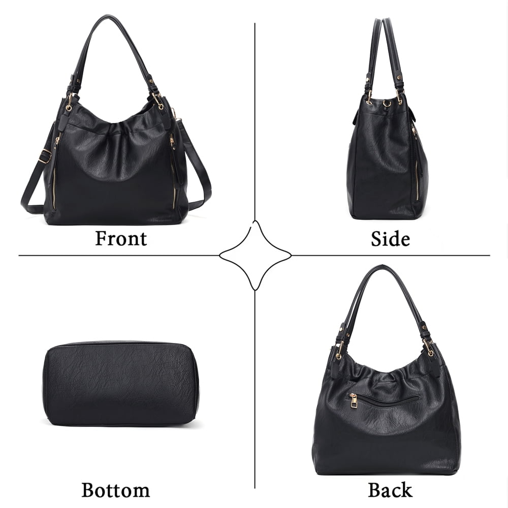 Capamaster Slouchy Hobo Handbag for Women, Soft Faux Leather Shoulder Purse with Top Handles and Front Zipper Pockets, Black