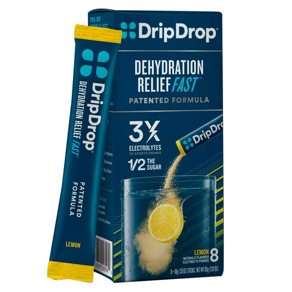 DripDrop Electrolyte Powder Drink Mix for Dehydration Relief Fast, Lemon, 0.35 oz, 8 Count Packets