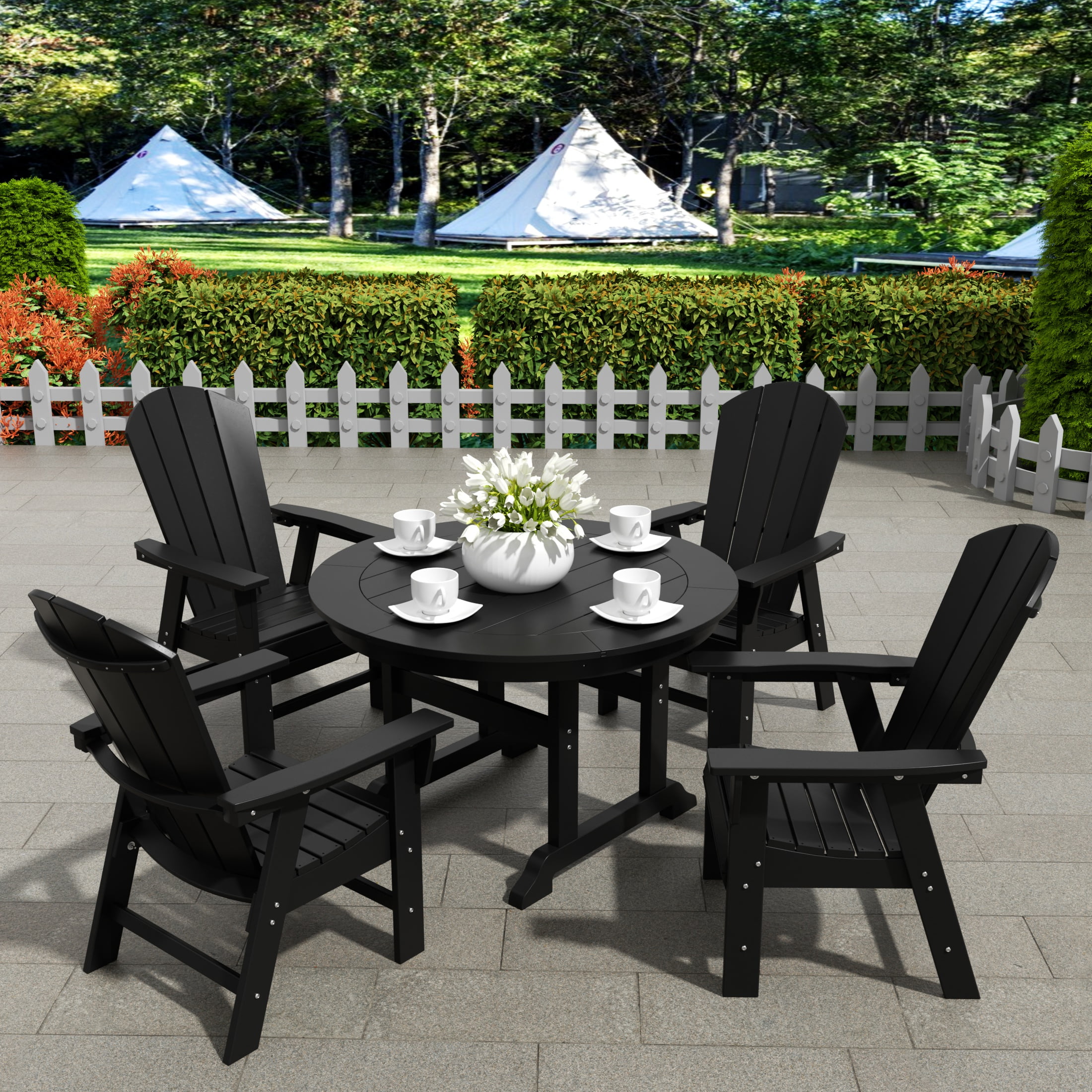 WestinTrends Malibu 5 Piece Adirondack Patio Dining Set, All Weather Poly Lumber Outdoor Table and Chairs Furniture Set, 47" Trestle Round Dining Table and 4 Adirondack Dining Chair, Black