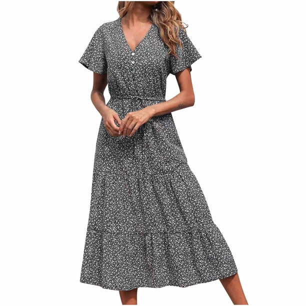 Vestido casual de verano con cuello en V y manga corta con cinturón y dobladillo con volantes para mujer Fridja nalpqowj28430