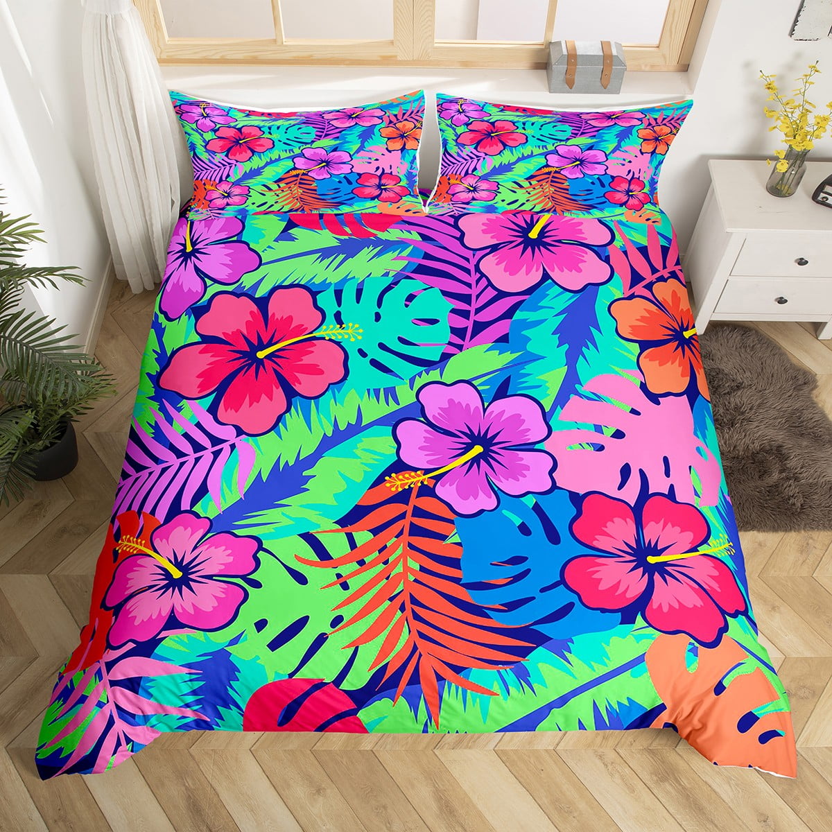 Hibiscus Duvet Cover Colorful Rose of Sharon Bedding Set,Botanical