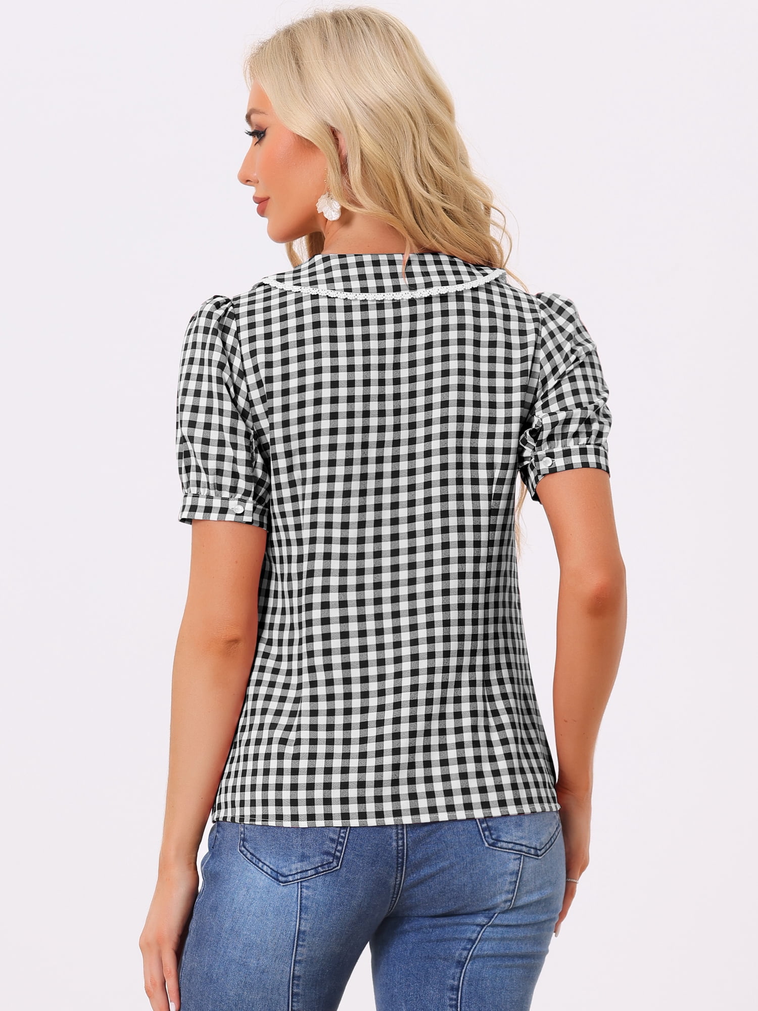 DARING DIVA Women's Short Sleeve Button Down Peter Pan Collar Plaid Shirt L Black