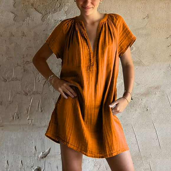 Pisexur Dresses Women Beautiful Summer Dress for Women's Solid Color Casual Short Sleeved V-neck Regular Pleated Multi-color Straight Tube Dress Orange,S