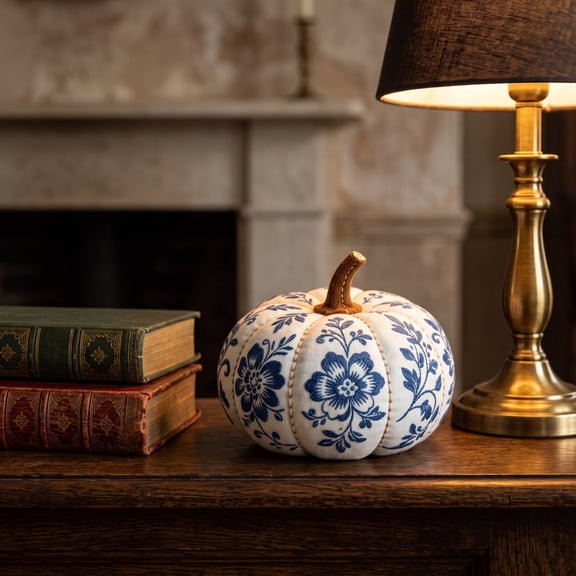 Faux Decorative Blue and White Fabric Pumpkins, Artificial Chinoiserie Chic Pumpkins Decor ,Farmhouse Artificial Fake Pumpkin for Fall Harvest Thanksgiving Home Table Mantel Table Decor