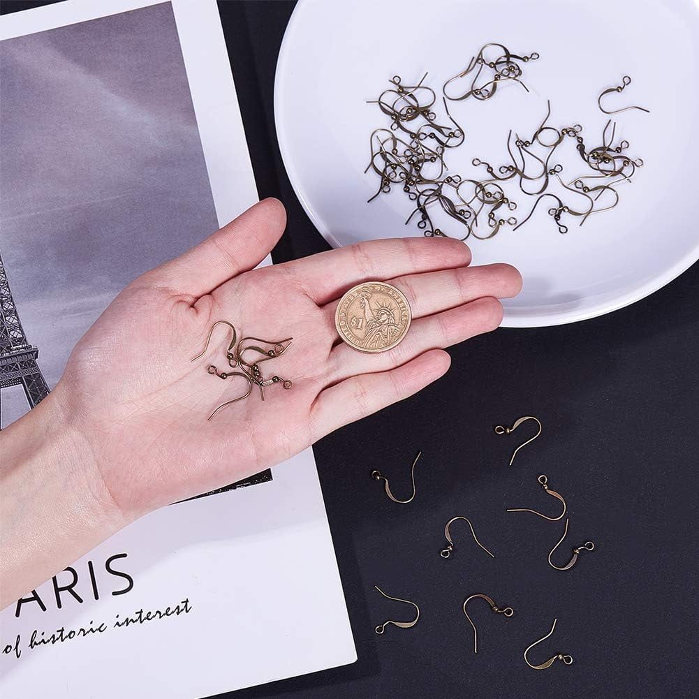 Brass French Earring Hooks Flat Earring Hooks Nickel Free with Beads and Horizontal Loop Antique Bronze 15mm Hole: 2mm 21 Gauge Pin: 0.7mm