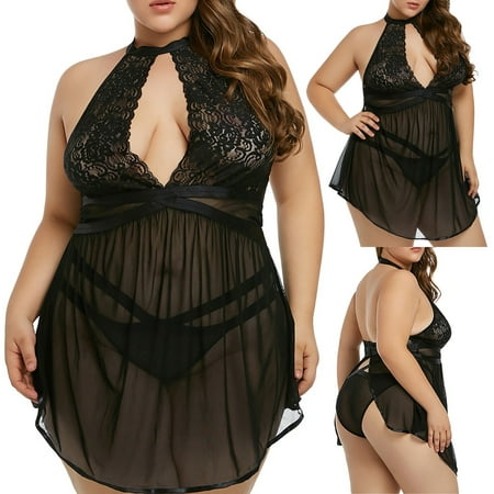 

YDKZYMD Black Womens Lingerie Sexy Lace Babydoll Plus Size Sexy Mesh Halter Nightgown Teddy Sleepwear 2XL