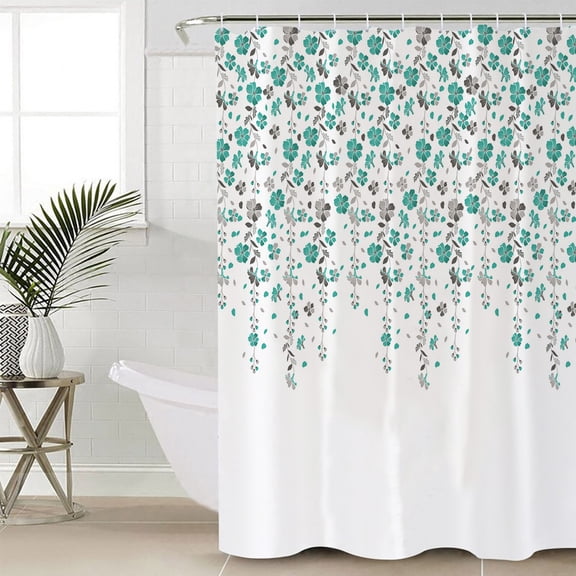 Weeping Flowers Waterproof Fabric Shower Curtain, Teal Grey Summer Spring Floral Botanical Art Shower Curtain for Bathroom Curtains Bathtubs Hotel Washable Shower Curtains with 12 Hooks Long 72x78in