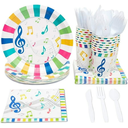Music Party Supplies, Paper Plates, Napkins, Cups and Plastic Cutlery (Serves 24, 144 Pieces)