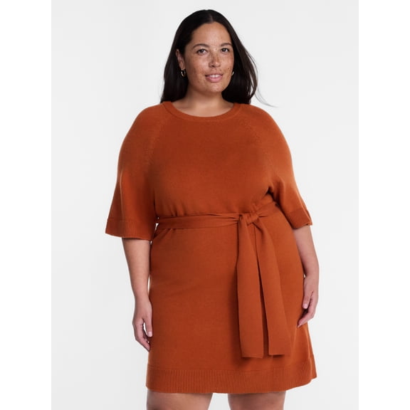 Terra & Sky Women's Plus Tie Waist Mini Sweater Dress with Short Sleeves, Sizes 0X-5X