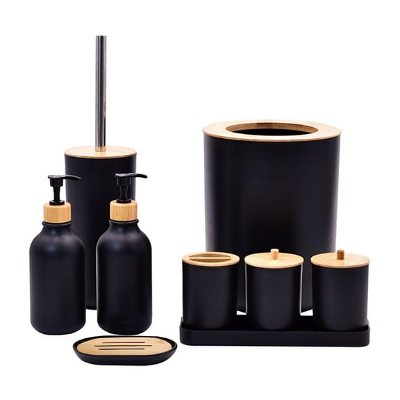 Fiocias 9Pcs Bathroom Accessories Set Qtip Holder Toilet Brush and Holder Soap Dispenser Black
