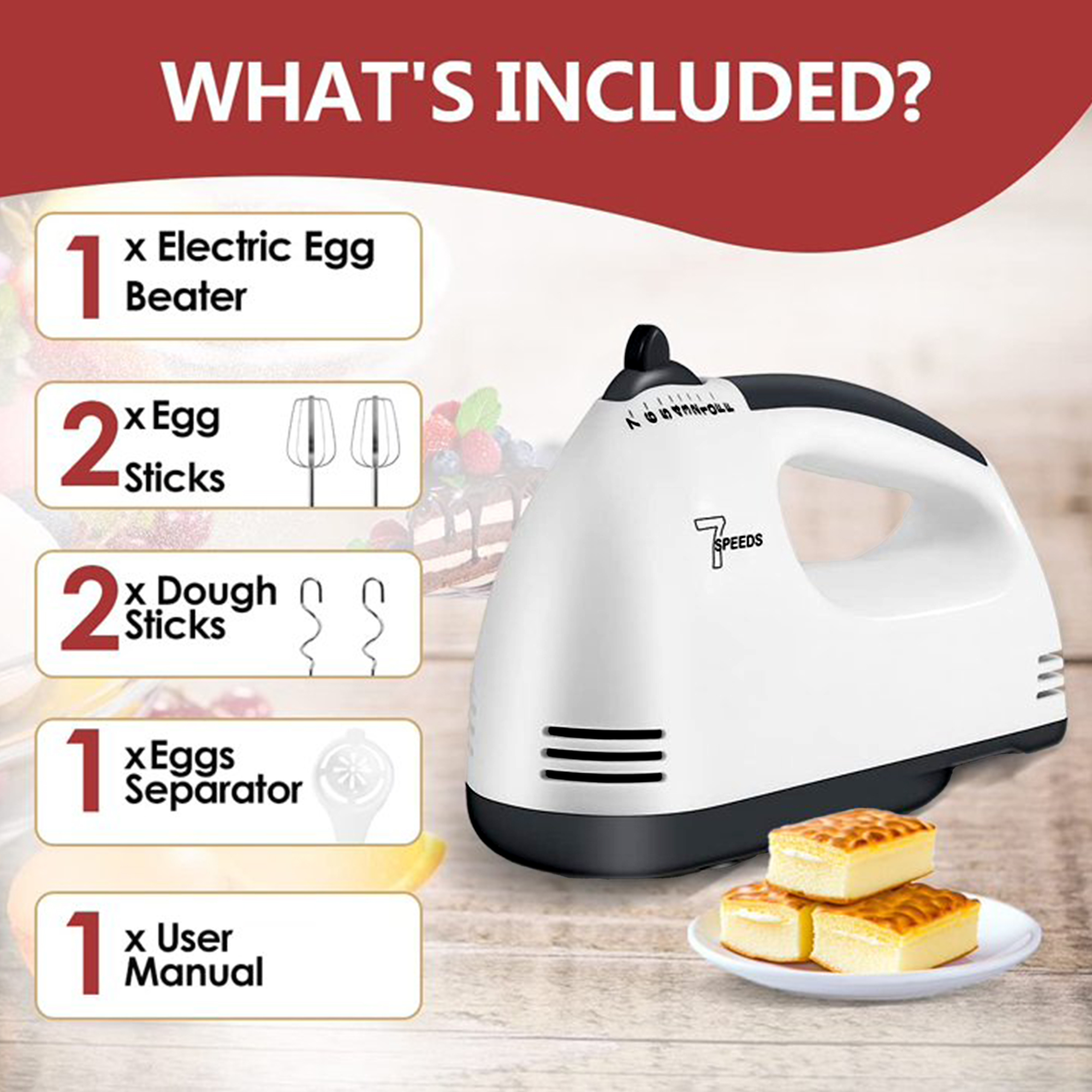 Electric Hand Mixer, 7-Speeds Lightweight Hand-Hand blender mixer, Portable Powerful Kitchen Mixer Stainless Steel Egg Whisk with Egg White Separator, Egg Sticks & Dough Sticks for Baking & Cakes