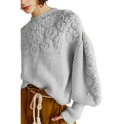 Dellytop Women Female Flower Knitted Lantern Sleeve Pullover Sweater Gray L