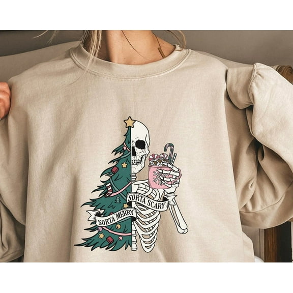 TeeFit Sorta Merry Sorta Scary Sweatshirt, Winter Holiday Sweatshirt, Skeleton Tree , Winter Holiday Skeleton Sweatshirt, TSHIRT All Size S-5XL