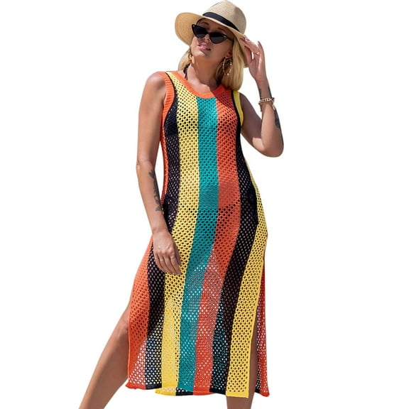 Edolynsa Rainbow Crochet Maxi Dress Plus Size Hollow Beach Kaftan Knitted Dress Sleeveless Bikini Cover Up