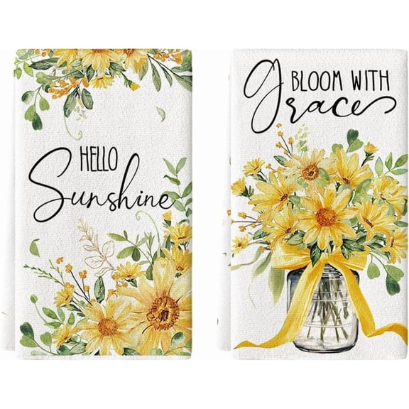 SM-XLHN Bottle Yellow Daisy Leaves Spring Kitchen Towels Dish Towels, 18x26 Inch Farmhouse Flowers Decoration Hand Towels Set of 2