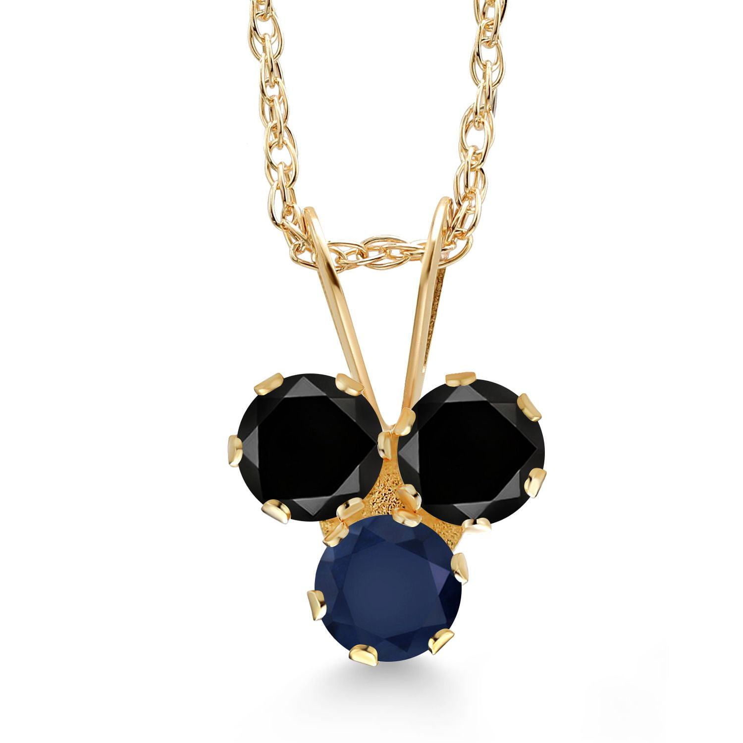 Gem Stone King 14K Yellow Gold Black Diamond and Blue Sapphire 3-Stone Pendant Necklace for Women (0.35 Cttw, Gemstone April Birthstone, Round 3MM, 18 inch Chain)