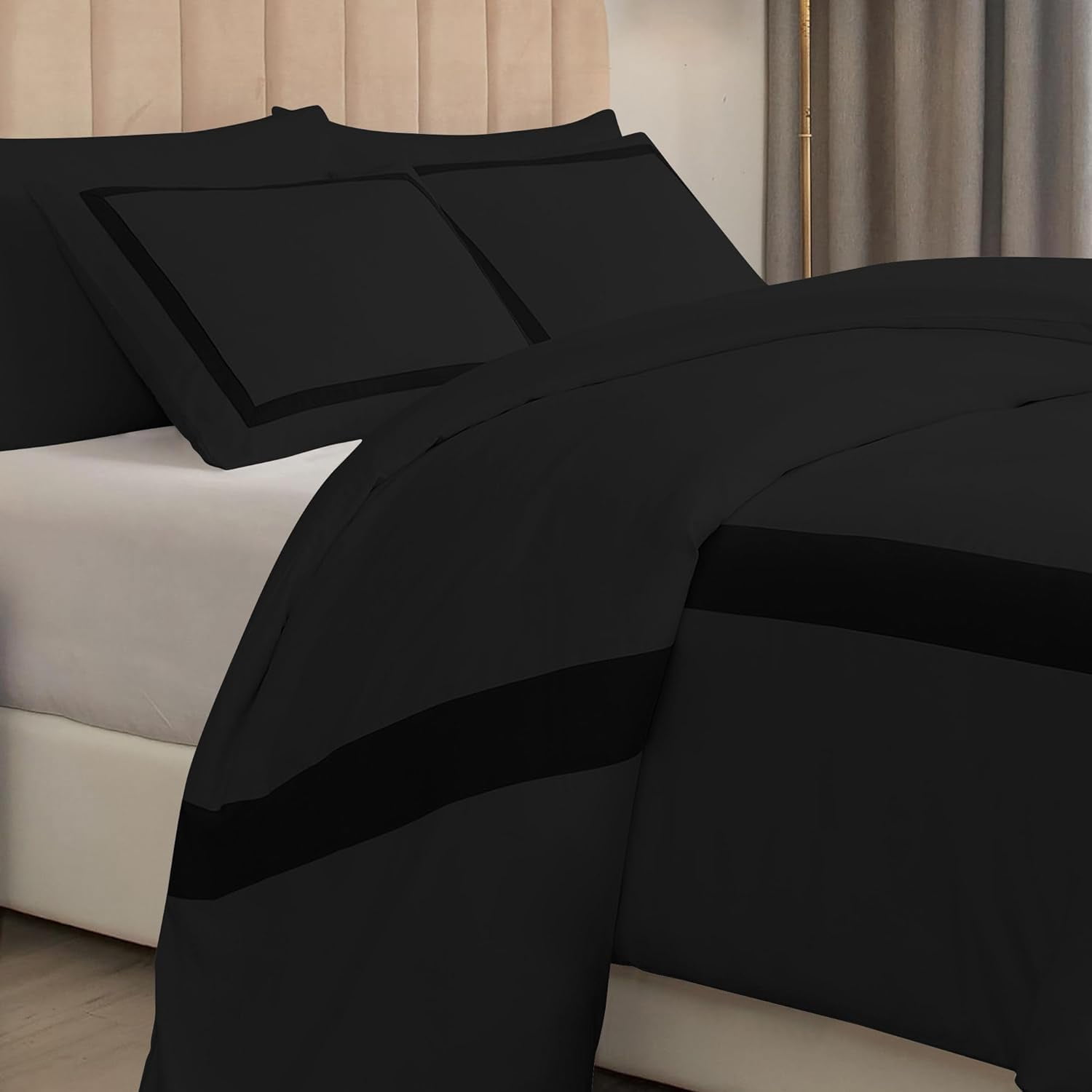 DNG Creations 5 Piece Full Black And Black Border Line Pattern Duvet Cover - 100% Egyptian Cotton, 800 Thread Count ( Twin/Twin XL )