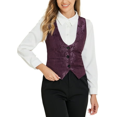 Allegra K Women's Vintage Waistcoat Button Up Steampunk Jacquard Sleeveless Suit Vest