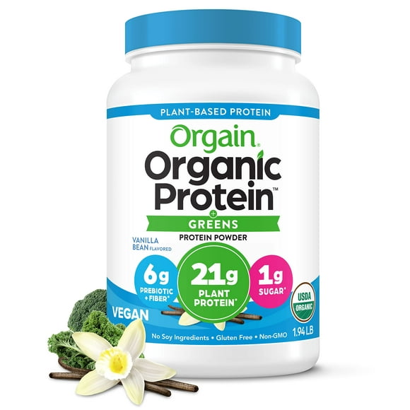 Orgain Organic Vegan Protein Powder + Greens, Vanilla Bean - 21g Plant Based Protein, 6g Prebiotic Fiber for Gut Health, Gluten Free, No Lactose Ingredients, No Sugar Added, Non-GMO - 1.94lb