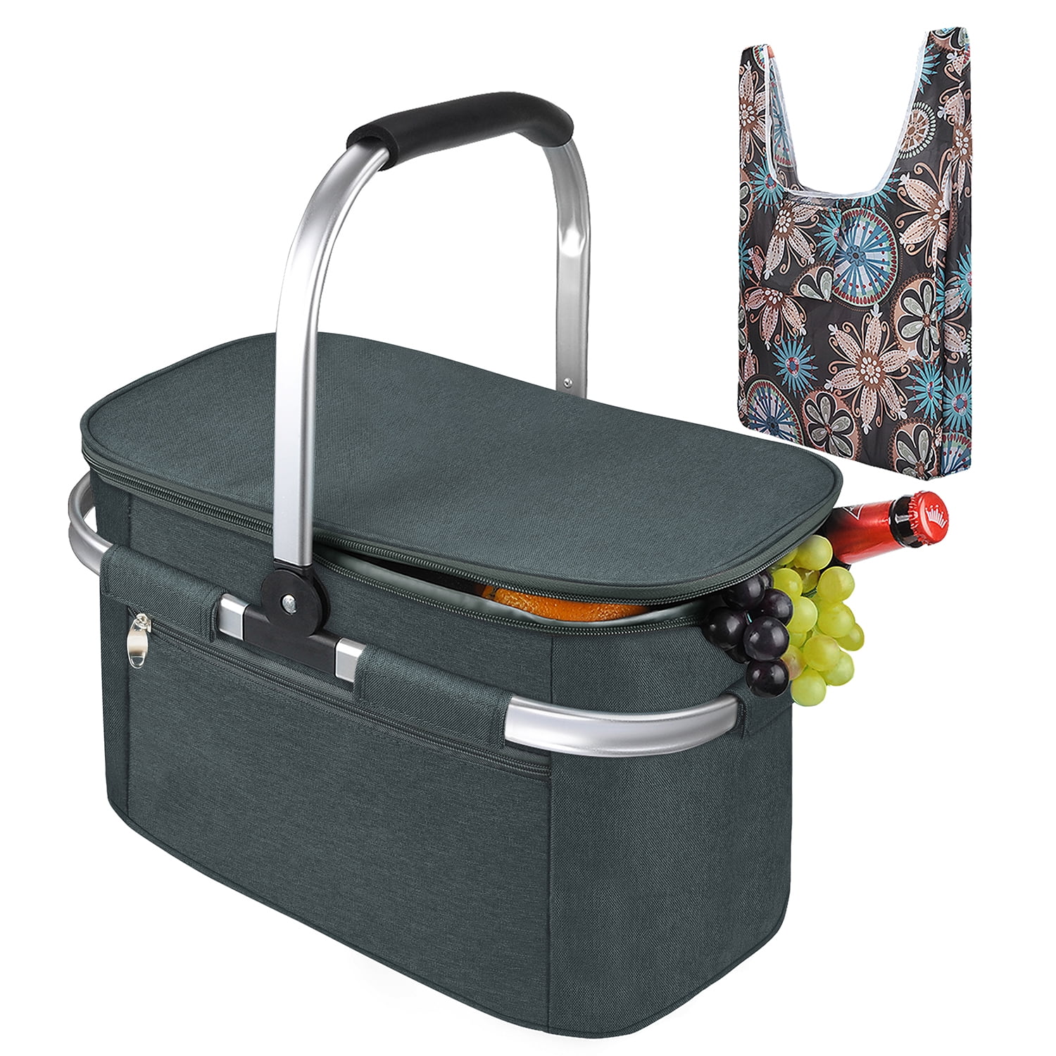 ALLCAMP Large Size Insulated Cooler Bag Folding Collapsible 22L Picnic Basket with Sewn in Frame Grey 