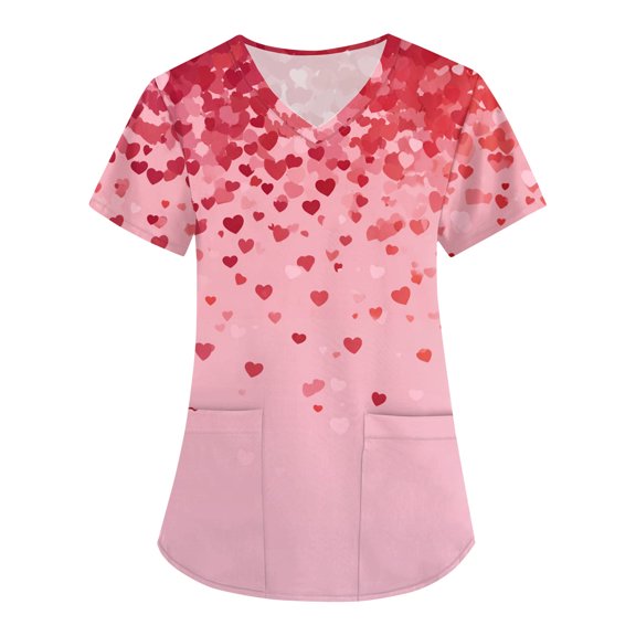 ASDFVBKG Womens Valentine's Day Scrub Top Short Sleeve V-Neck Casual Scrub Tops Heart Printed Nursing Medical Uniform Trendy Shirts 2 Pockets Deep Red 2XL