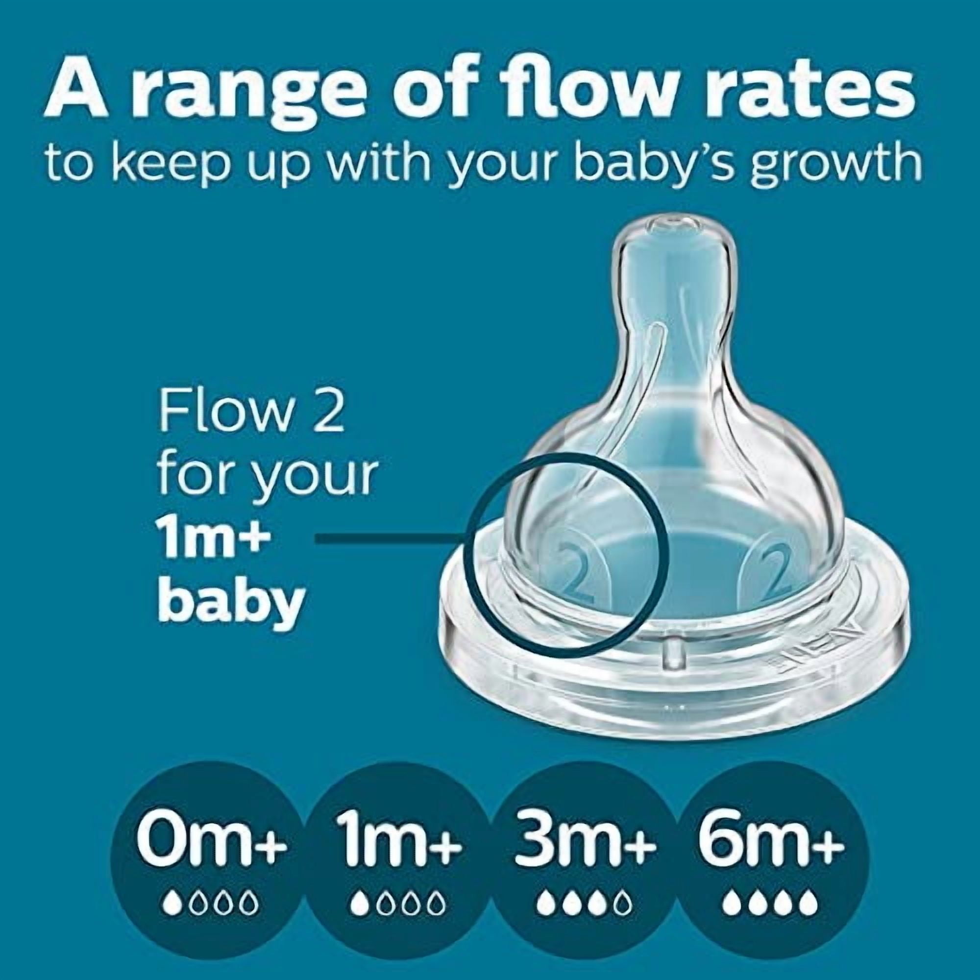 Philips Avent Anti-Colic Baby Bottle with AirFree Vent, 9oz, with Flow 2 Nipples, 1m+, 4pk, Clear, SCY703/04