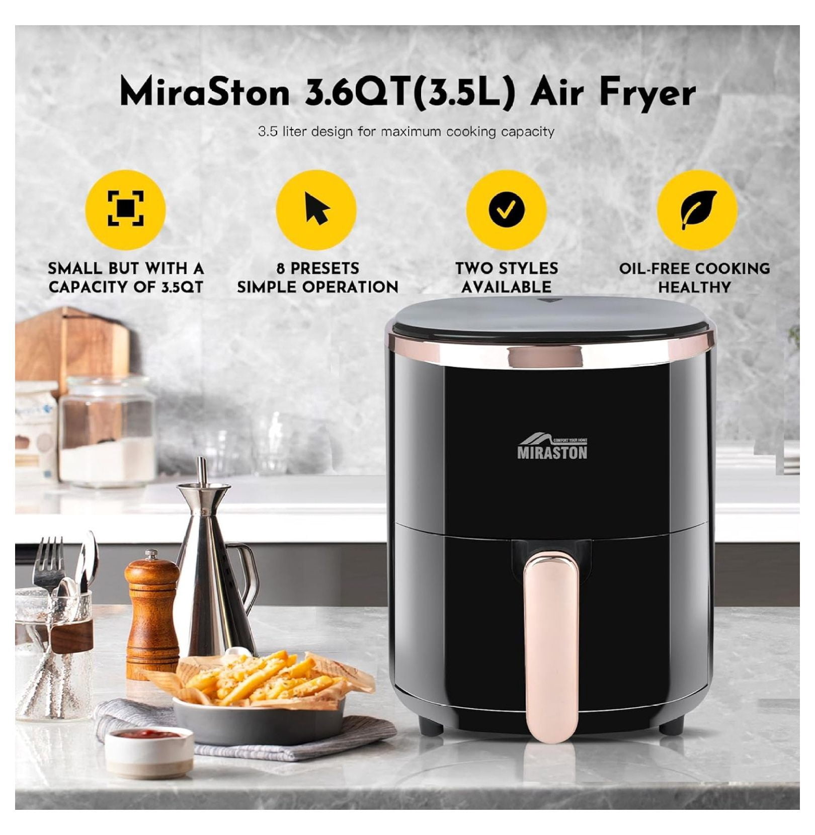 3.6QT Air Fryer with Digital Display, 9 Presets & Baking Pan – Compact Countertop Hot Air Fryer for Kitchen, Dorm & Apartment – Oil-Free Frying & Reheating