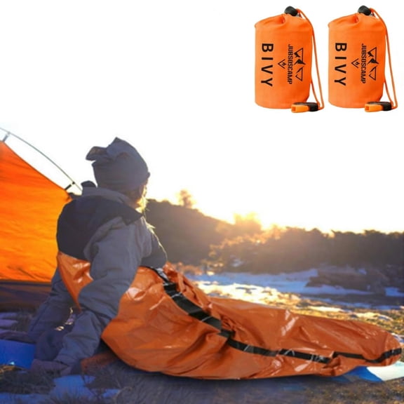 JUBSOSCAMP 2 PCS Emergency Sleeping Bag, PET Bug Out Bag Supplies with Drawstring Dag and Whistle for Hiking,Camping,Earthquakes,Hurricane or Emergency (Orange Single Sleeping Bag)