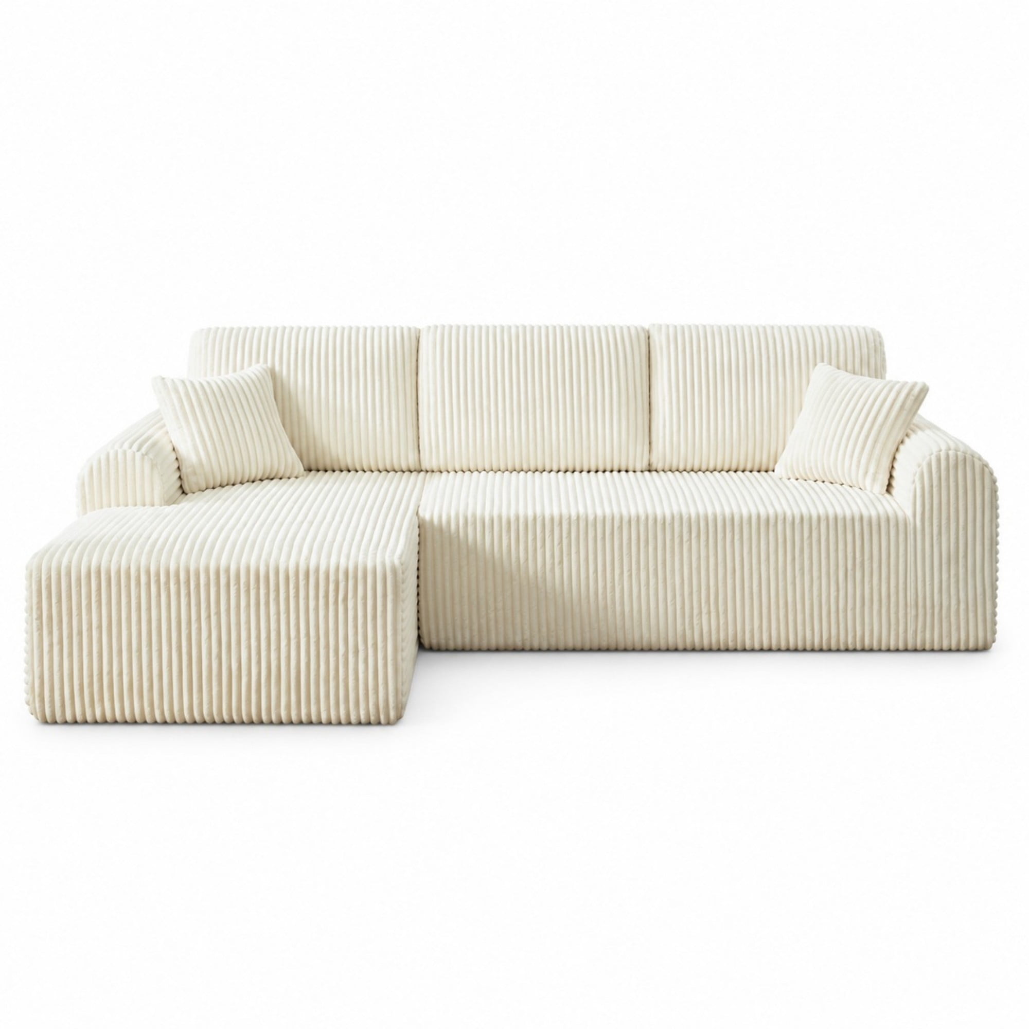 DEALTOPS 109" Corduroy L-Shape Floor Cloud Couch, Deep Seat Modular Sectional Sofa, Left Chaise, White