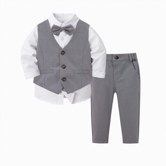 mgoYE Baby Boy Clothes Outfit Suit Long Sleeve Gentleman Tuxedo Vest Wedding Birthday Party Suit(Grey,6-7 Years)