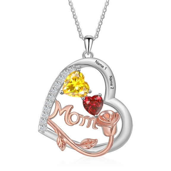 Mementos Customized Heart Family Women's (Mother) Necklace Sterling Silver with 2 Birthstones Names