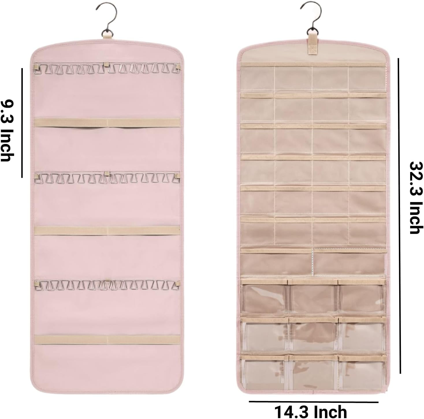 Hanging Jewelry Organizer Storage Roll with Hanger Metal Hooks Double-Sided Jewelry Holder for Earrings Necklaces Rings on Closet Wall Door, 1 piece
